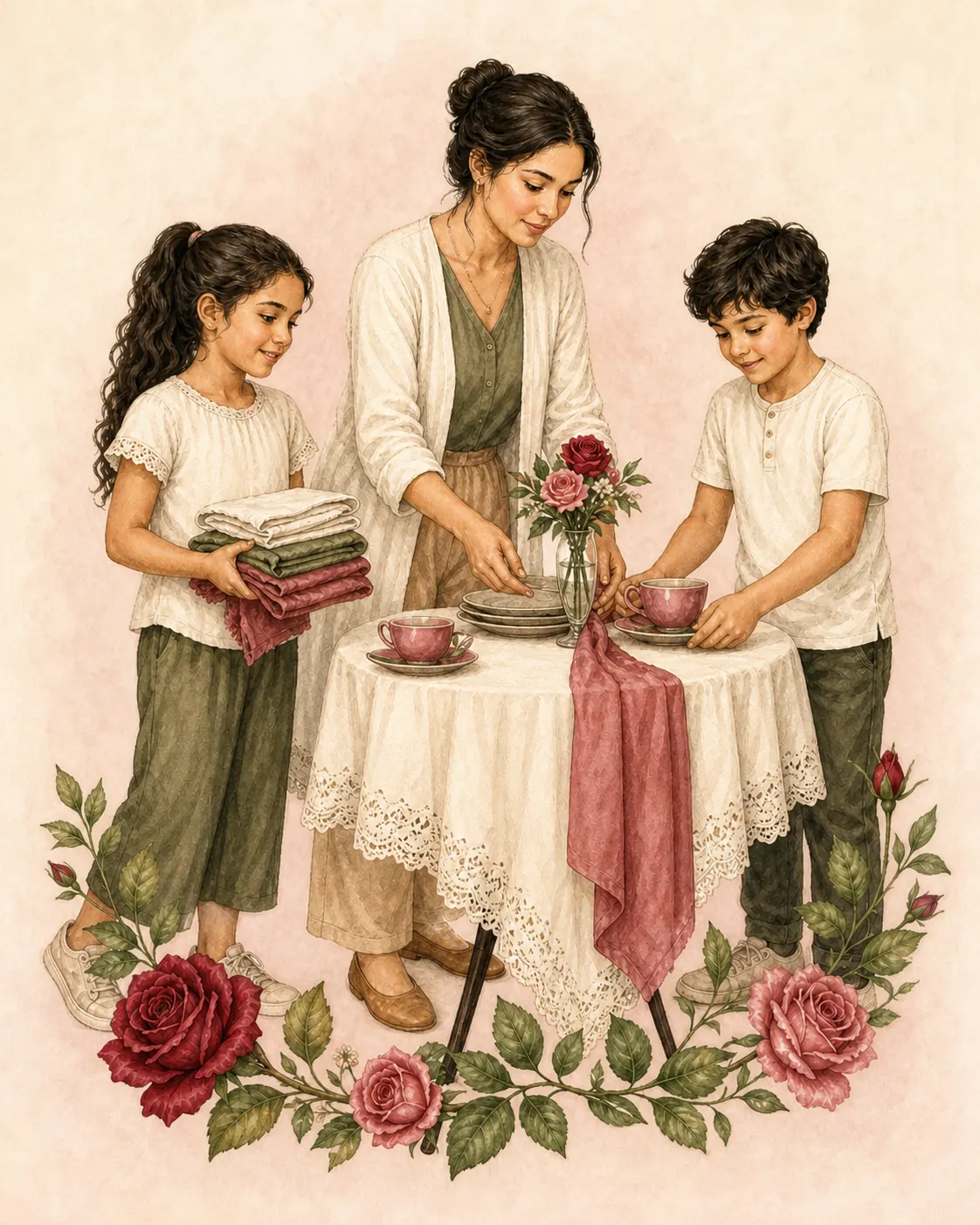 Una familia colabora al ordenar, preparar la mesa y compartir las tareas del hogar.