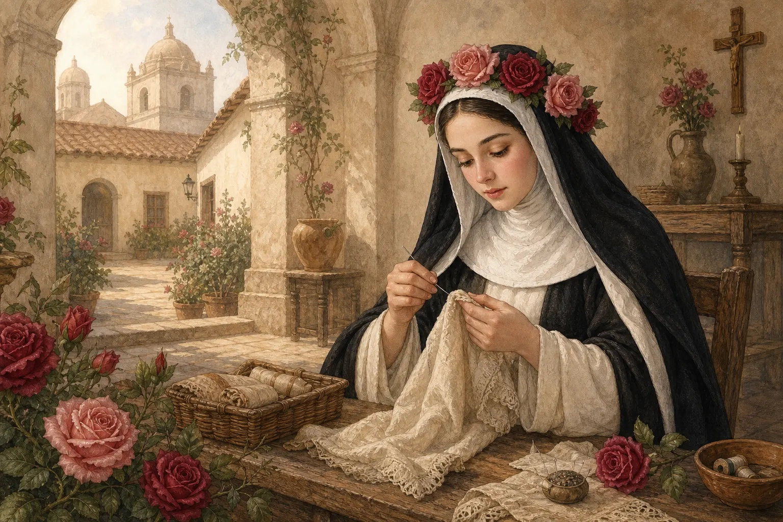 Santa Rosa realiza un trabajo de costura en un patio limeño rodeado de rosas.
