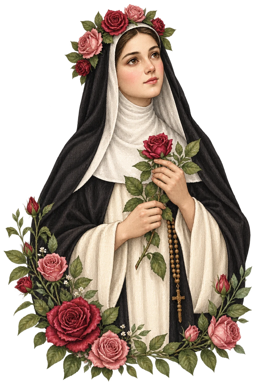Ilustración editorial de Santa Rosa de Lima rodeada de rosas y hojas